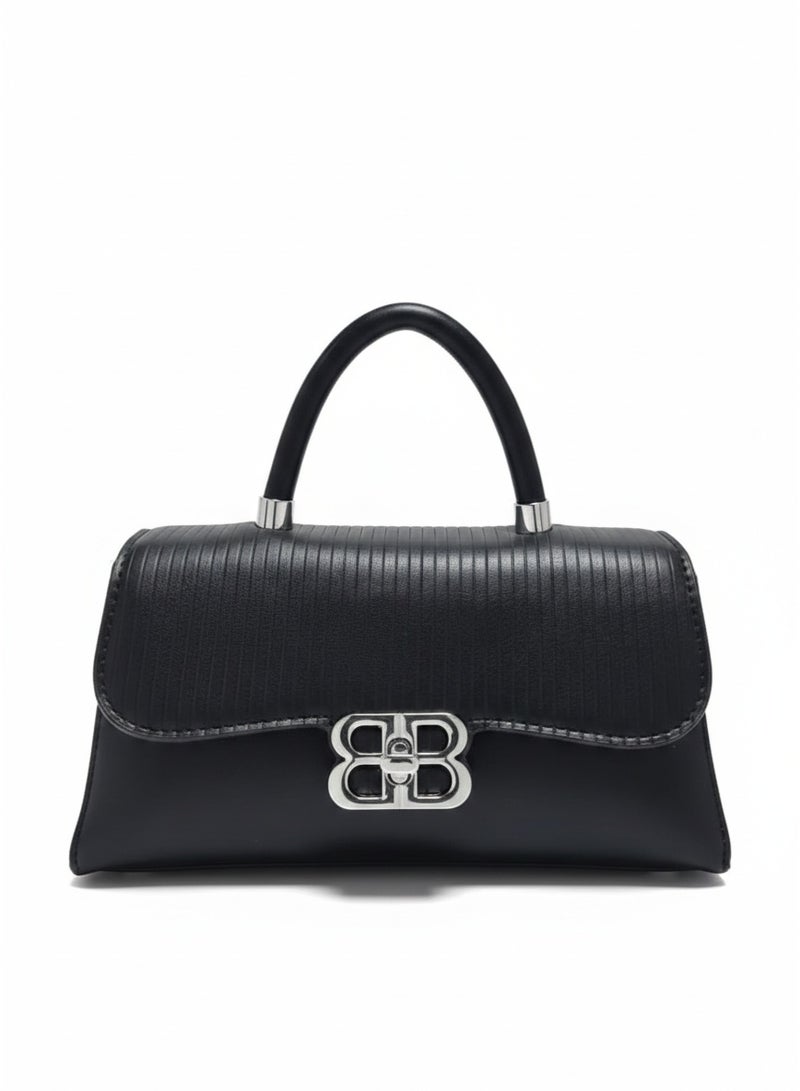 BB Women's Structured Trapezoid Satchel – Premium Top-Handle Handbag with Metallic Logo and Flap Closure – Black - Image 1